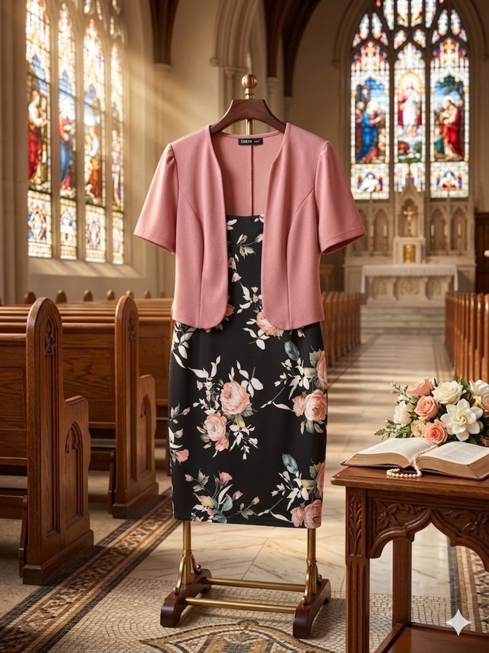 Pink Bolero & Black Floral Sheath Dress